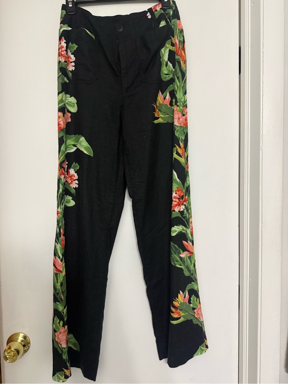 Maeve Colette Black Linen Pants with Tropical Floral Side Panels